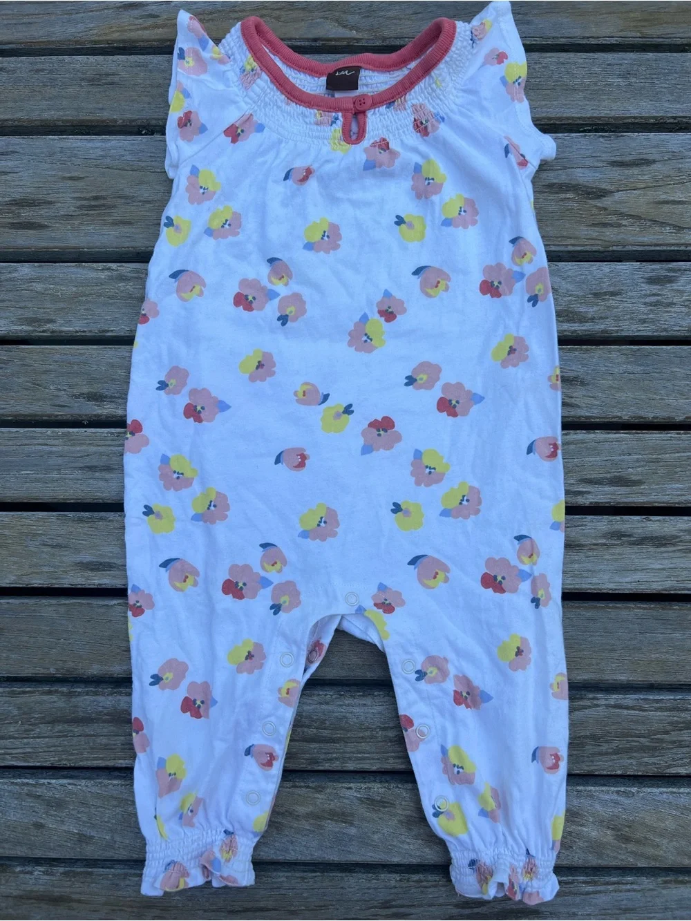 Tea Collection Girls White Floral One-Piece Romper with Coral Trim